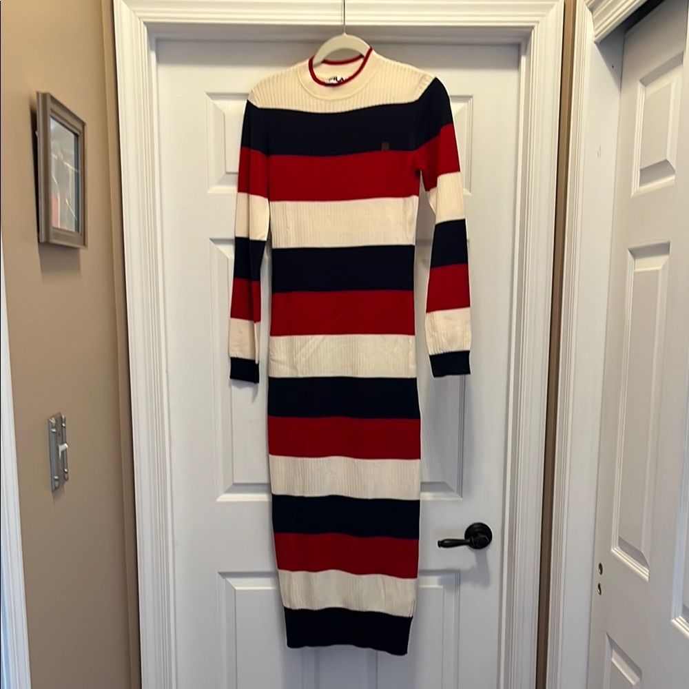 New Fila Striped Red, Blue, and Cream Sweater Dress